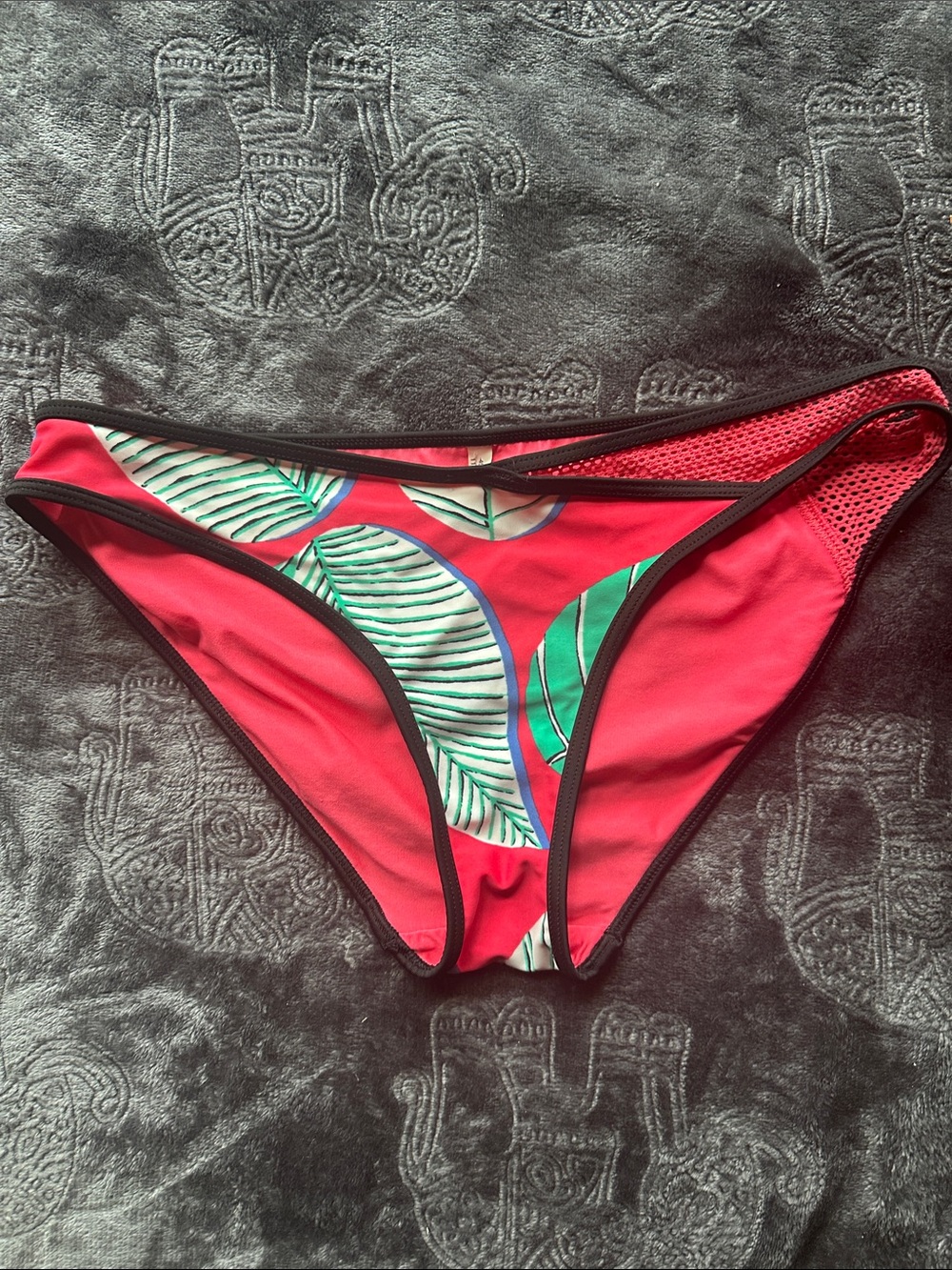 aerie Coral Pink Tropical Leaf Bikini Bottoms with Black Trim Medium